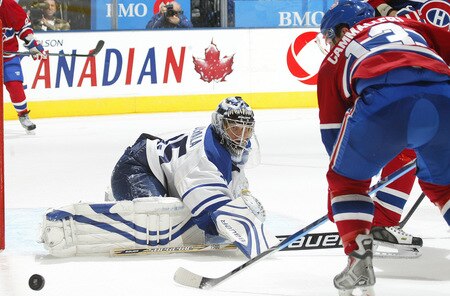 TORONTO - OCTOBER 1:  Mike Cammallari #13 of the Montreal Canadiens is stopped by Vesa Toskala #35 of the Toronto Maple Leafs in the Maple Leafs' home opener on October 1, 2009 at the Air Canada Centre in Toronto, Ontario. The Canadiens defeated the Leafs 4-3 in overtime. <br /><br /><span class="help">(Photo by Claus Andersen/Getty Images)</span>