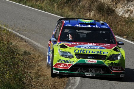 SALOU, SPAIN - OCTOBER 02:  Mikko Hirvonen of Finland and Jarmo Lehtinen of Finland compete in their BP Abu Dhabi Ford Focus during Leg 1 of the WRC Rally de Espana on October 02  in Salou, Spain  <br /><br /><span class="help">(Photo by Massimo Bettiol/Getty Images)</span>