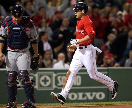 BOSTON - OCTOBER 02:  Jacoby Ellsbury #46 of the Boston Red Sox scores a run in the first inning as Kelly Shoppach #10 of the Cleveland Indians stands by on October 2, 2009 at Fenway Park in Boston, Massachusetts.  <br /><br /><span class="help">(Photo by Elsa/Getty Images)</span>