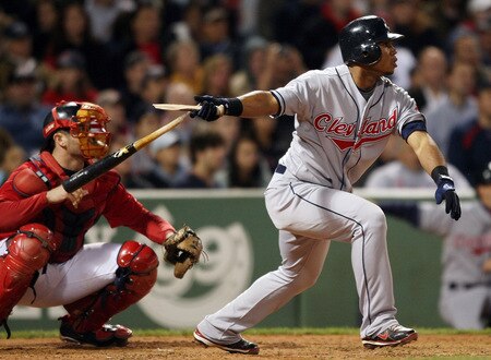 BOSTON - OCTOBER 02:  Luis Valbuena #1 of the Cleveland Indians breaks his bat as he hits a single while Jason Varitek #33 of the Boston Red Sox catches on October 2, 2009 at Fenway Park in Boston, Massachusetts.  <br /><br /><span class="help">(Photo by Elsa/Getty Images)</span>