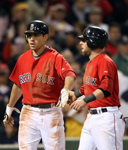 BOSTON - OCTOBER 02:  Jacoby Ellsbury #46 and Dustin Pedroia #15 of the Boston Red Sox celebrate after they scored in the seventh inning against the Cleveland Indians on October 2, 2009 at Fenway Park in Boston, Massachusetts.  <br /><br /><span class="help">(Photo by Elsa/Getty Images)</span>