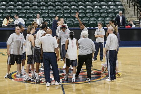 INDIANAPOLIS - OCTOBER 3: The Indiana Fever gather during practice prior to Games Three of the WNBA Finals at Conseco Fieldhouse on October 3, 2009 in Indianapolis, Indiana.  <br /><br /><span class="help">(Photo by Ron Hoskins/NBAE via Getty Images)</span>