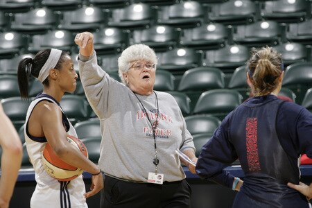 INDIANAPOLIS - OCTOBER 3: Head coach of the Indiana Fever, Lin Dunn, directs traffic during practice prior to Games Three of the WNBA Finals at Conseco Fieldhouse on October 3, 2009 in Indianapolis, Indiana.  <br /><br /><span class="help">(Photo by Ron Hoskins/NBAE via Getty Images)</span>
