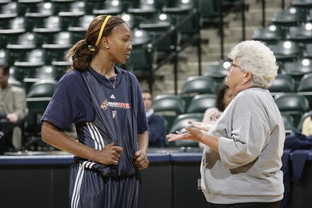 INDIANAPOLIS - OCTOBER 3: Tamika Catchings #24 of the Indiana Fever speaks with Fever head coach Lin Dunn during practice prior to Games Three of the WNBA Finals at Conseco Fieldhouse on October 3, 2009 in Indianapolis, Indiana.  <br /><br /><span class="help">(Photo by Ron Hoskins/NBAE via Getty Images)</span>