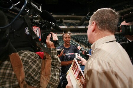 INDIANAPOLIS - OCTOBER 3: Tamika Catchings #24 of the Indiana Fever speaks with the media during practice prior to Games Three of the WNBA Finals at Conseco Fieldhouse on October 3, 2009 in Indianapolis, Indiana.  <br /><br /><span class="help">(Photo by Ron Hoskins/NBAE via Getty Images)</span>