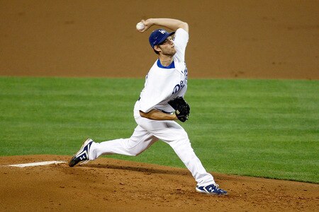 LOS ANGELES, CA - OCTOBER 03: Clayton Kershaw #22 of the Los Angeles Dodgers pitches against the Colorodo Rockies on October 3, 2009 in Los Angeles, California. <br /><br /><span class="help">(Photo by Jacob de Golish/Getty Images)</span>