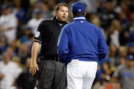 LOS ANGELES, CA - OCTOBER 03: Manager Joe Torre #6 of the Los Angeles Dodgers arugues with the umpire during the game against the Colorado Rockies on October 3, 2009 in Los Angeles, California. <br /><br /><span class="help">(Photo by Jacob de Golish/Getty Images)</span>