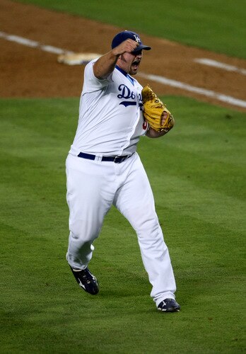 LOS ANGELES, CA - OCTOBER 03:  Pitcher Jonathan Broxton #51 of the Los Angeles Dodgers celebrates after getting the final out against the Colorado Rockies on October 3, 2009 at Dodger Stadium in Los Angeles, California.  The Dodgers won 5-0 to clinch the National League West.  <br /><br /><span class="help">(Photo by Stephen Dunn/Getty Images)</span>