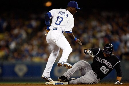 LOS ANGELES, CA - OCTOBER 03:  Orlando Hudson #13 of the Los Angeles Dodgers tags out Chris Iannetta #20 of the Colorado Rockies at second base  on October 3, 2009 in Los Angeles, California.  <br /><br /><span class="help">(Photo by Jacob de Golish/Getty Images)</span>