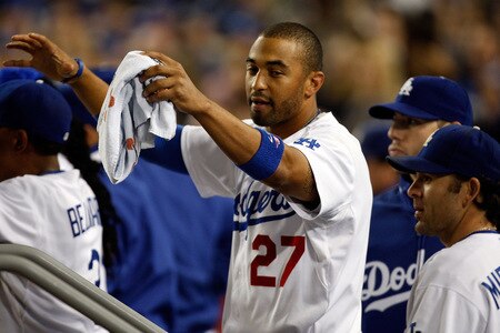 LOS ANGELES, CA - OCTOBER 03:  Matt Kemp #27 of the Los Angeles Dodgers celebrates getting home in the fifth inning against the Colorado Rockies on October 3, 2009 in Los Angeles, California.  <br /><br /><span class="help">(Photo by Jacob de Golish/Getty Images)</span>