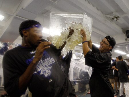 LOS ANGELES, CA - OCTOBER 03: James Mcdonald #31 of the Los Angeles Dodgers gets water poured on his head after winning the National League West against the Colorado Rockies on October 3, 2009 in Los Angeles, California.  <br /><br /><span class="help">(Photo by Jacob de Golish/Getty Images)</span>