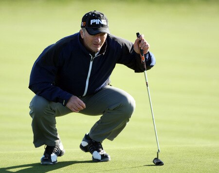CARNOUSTIE, SCOTLAND - OCTOBER 04:  Steve Waugh of Australia lines up a putt for eagle at the 15th hole during the third round of the Alfred Dunhill Links Championship at Carnoustie, on October 4, 2009 in Kingsbarns, Scotland. The third round was postponed on saturday due to gale force winds.  <br /><br /><span class="help">(Photo by David Cannon/Getty Images)</span>