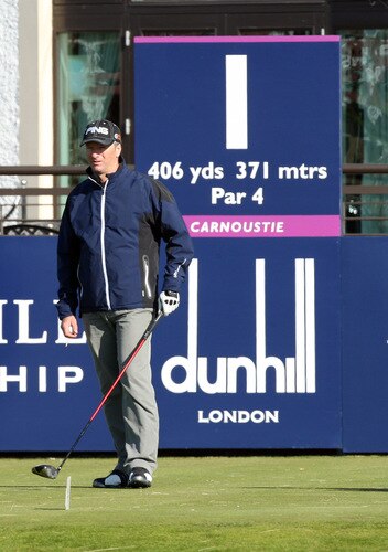 CARNOUSTIE, SCOTLAND - OCTOBER 04:  Steve Waugh of Australia tees off at the 1st hole during the third round of the Alfred Dunhill Links Championship at Carnoustie, on October 4, 2009 in Kingsbarns, Scotland. The third round was postponed on saturday due to gale force winds.  <br /><br /><span class="help">(Photo by David Cannon/Getty Images)</span>
