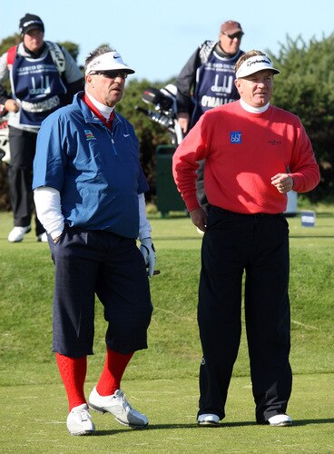 CARNOUSTIE, SCOTLAND - OCTOBER 04: Paul Broadhurst of England (right) with his amatuer partner Sir Ian Botham of England on the tee at the 15th hole during the third round of the Alfred Dunhill Links Championship at Carnoustie Golf Links on October 4, 2009 in Carnoustie, Scotland. The third round was postponed on saturday due to gale force winds.  <br /><br /><span class="help">(Photo by David Cannon/Getty Images)</span>