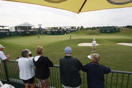 PRATTVILLE, AL - OCTOBER 4:  Fans watch as Teresa Lu of Taiwan and Irene Cho play the 18th hole during final round play in the Navistar LPGA Classic at the Robert Trent Jones Golf Trail at Capitol Hill on October 4, 2009 in  Prattville, Alabama.  <br /><br /><span class="help">(Photo by Dave Martin/Getty Images)</span>