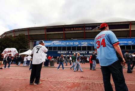 MINNEAPOLIS, MN - OCTOBER 4: Minnesota Twins fans mill around in front of the Hubert H. Humphrey Metrodome before the start of the Minnesota Twins' game against the Kansas City Royals on October 4, 2009 in Minneapolis, Minnesota. This will be the last regular season game at the Dome for the Twins. <br /><br /><span class="help">(Photo by Genevieve Ross/Getty Images)</span>