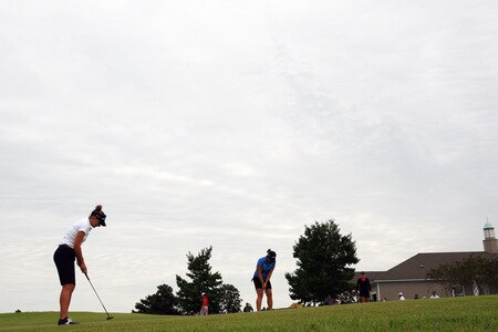 PRATTVILLE, AL - OCTOBER 4:  Brittany Lang, left, prepares for her final round play in the Navistar LPGA Classic at the Robert Trent Jones Golf Trail at Capitol Hill on October 4, 2009 in  Prattville, Alabama.  <br /><br /><span class="help">(Photo by Dave Martin/Getty Images)</span>
