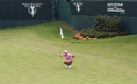 PRATTVILLE, AL - OCTOBER 4:  Jill McGill lines up her putt on the 18th green during final round play in the Navistar LPGA Classic at the Robert Trent Jones Golf Trail at Capitol Hill on October 4, 2009 in  Prattville, Alabama.  <br /><br /><span class="help">(Photo by Dave Martin/Getty Images)</span>