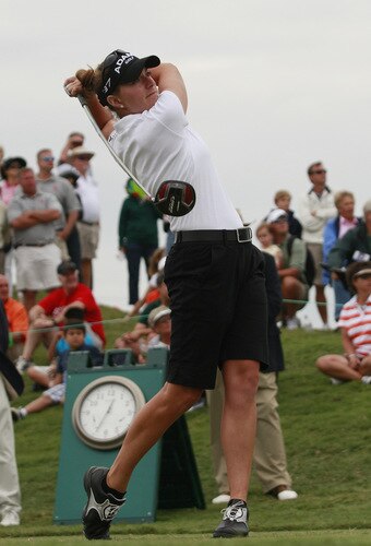 PRATTVILLE, AL - OCTOBER 4:  Brittany Lang hits from the first tee during final round play in the Navistar LPGA Classic at the Robert Trent Jones Golf Trail at Capitol Hill on October 4, 2009 in  Prattville, Alabama.  <br /><br /><span class="help">(Photo by Dave Martin/Getty Images)</span>