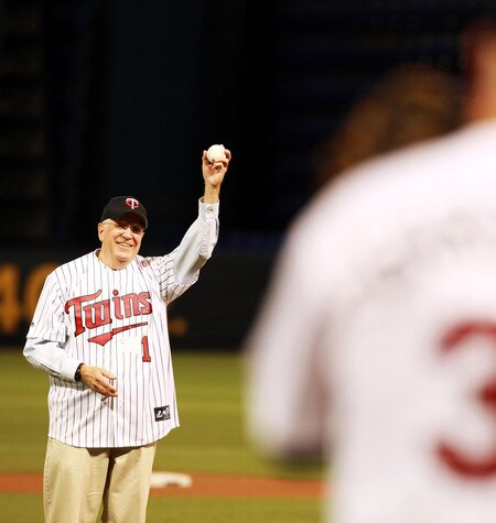 MINNEAPOLIS, MN - OCTOBER 4: Hubert H. "Skip" Humphrey acknowledges the crowd before throwing out the ceremonial first pitch at the Minnesota Twins' last regular season game at the Hubert H. Humphrey Metrodome October 4, 2009 in Minneapolis, Minnesota. <br /><br /><span class="help">(Photo by Genevieve Ross/Getty Images)</span>