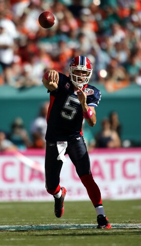 MIAMI - OCTOBER 04: Quarterback Trent Edwards #5 of the Buffalo Bills throws against the Miami Dolphins at Land Shark Stadium on October 4, 2009 in Miami, Florida.  <br /><br /><span class="help">(Photo by Marc Serota/Getty Images)</span>