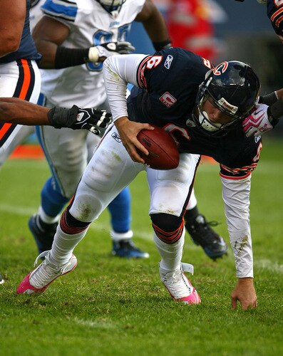 CHICAGO - OCTOBER 04: Jay Cutler #6 of the Chicago Bears tries to recover after fumbling the ball near the goal line against the Detroit Lions on October 4, 2009 at Soldier Field in Chicago, Illinois. The Bears defeated the Lions 48-24. <br /><br /><span class="help">(Photo by Jonathan Daniel/Getty Images)</span>