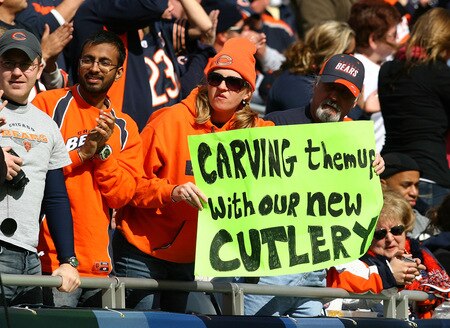 CHICAGO - OCTOBER 04: Fans of the Chicago Bears hold a sign referring to quaterback Jay Cutler #6 during a game against the Detroit Lions on October 4, 2009 at Soldier Field in Chicago, Illinois. The Bears defeated the Lions 48-24. <br /><br /><span class="help">(Photo by Jonathan Daniel/Getty Images)</span>