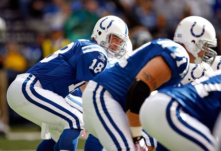 INDIANAPOLIS - OCTOBER 04:  Peyton Manning #18 of the Indianapolis Colts is pictured during the NFL game against the Seattle Seahawks at Lucas Oil Stadium on October 4, 2009 in Indianapolis, Indiana. The Colts won 34-17.  <br /><br /><span class="help">(Photo by Andy Lyons/Getty Images)</span>
