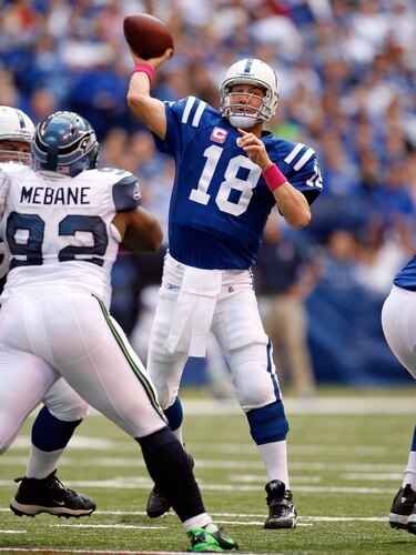 INDIANAPOLIS - OCTOBER 04:  Peyton Manning #18 of the Indianapolis Colts throws the ball during the NFL game against the Seattle Seahawks at Lucas Oil Stadium on October 4, 2009 in Indianapolis, Indiana. The Colts won 34-17.  <br /><br /><span class="help">(Photo by Andy Lyons/Getty Images)</span>