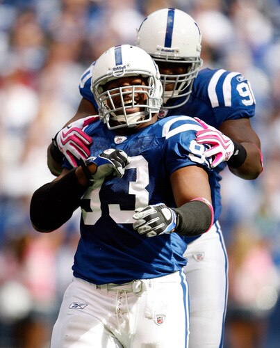 INDIANAPOLIS - OCTOBER 04:  Dwight Freeney #93 and Daniel Muir #90 of the Indianapolis Colts celebrate a sack during the NFL game against the Seattle Seahawks at Lucas Oil Stadium on October 4, 2009 in Indianapolis, Indiana.  <br /><br /><span class="help">(Photo by Andy Lyons/Getty Images)</span>