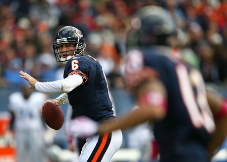 CHICAGO - OCTOBER 04: Jay Cutler #6 of the Chicago Bears prepares to throw the ball to teammate Johnny Knox #13 against the Detroit Lions on October 4, 2009 at Soldier Field in Chicago, Illinois. The Bears defeated the Lions 48-24. <br /><br /><span class="help">(Photo by Jonathan Daniel/Getty Images)</span>