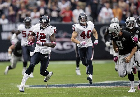 HOUSTON - OCTOBER 04:  Jacoby Jones #12 of the Houston Texans returns a free kick for 95 yards for a touchdown in the third quarter as kicker Shane Lechler #9 can't make the tackle at Reliant Stadium on October 4, 2009 in Houston, Texas.  <br /><br /><span class="help">(Photo by Bob Levey/Getty Images)</span>