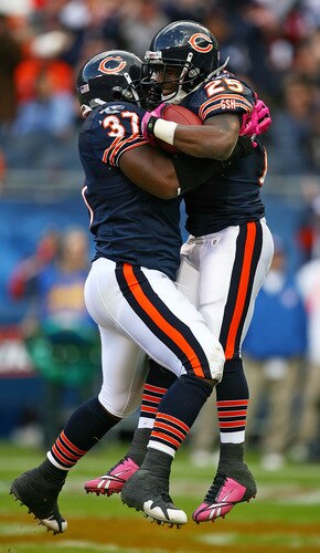CHICAGO - OCTOBER 04: Jason McKie #37 and Garrett Wolfe #25 of the Chicago Bears celebrate Wolfes' fourth quarter touchdown against the Detroit Lions on October 4, 2009 at Soldier Field in Chicago, Illinois. The Bears defeated the Lions 48-24. <br /><br /><span class="help">(Photo by Jonathan Daniel/Getty Images)</span>