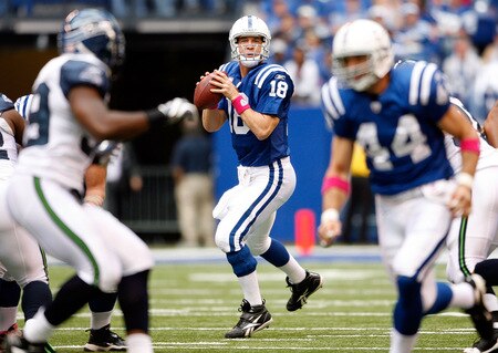 INDIANAPOLIS - OCTOBER 04:  Peyton Manning #18 of the Indianapolis Colts throws the ball during the NFL game against the Seattle Seahawks at Lucas Oil Stadium on October 4, 2009 in Indianapolis, Indiana. The Colts won 34-17.  <br /><br /><span class="help">(Photo by Andy Lyons/Getty Images)</span>