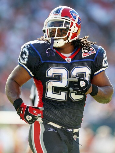 MIAMI - OCTOBER 04:  Running back Marshawn Lynch #23 of the Buffalo Bills runs off the field after his first play back after a three game suspension by the NFL against the Miami Dolphins at Land Shark Stadium on October 4, 2009 in Miami, Florida.  <br /><br /><span class="help">(Photo by Doug Benc/Getty Images)</span>