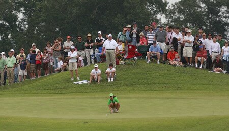 PRATTVILLE, AL - OCTOBER 4: Michelle Wie lines up her putt on the 13th green during final round play in the Navistar LPGA Classic at the Robert Trent Jones Golf Trail at Capitol Hill on October 4, 2009 in Prattville, Alabama. <br /><br /><span class="help">(Photo by Dave Martin/Getty Images)</span>