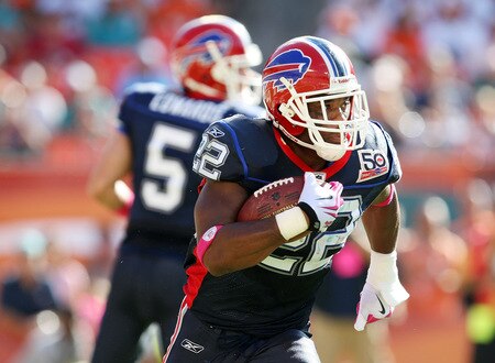 MIAMI - OCTOBER 04:  Running back Fred Jackson #22 of the Buffalo Bills looks for room to run while taking on the Miami Dolphins at Land Shark Stadium on October 4, 2009 in Miami, Florida.  <br /><br /><span class="help">(Photo by Doug Benc/Getty Images)</span>