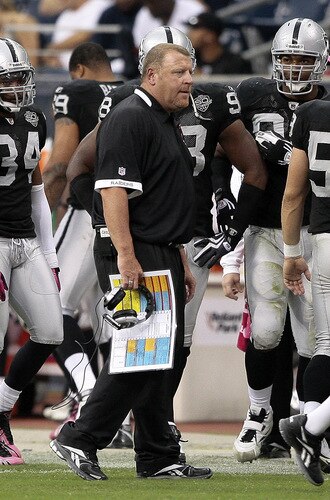 HOUSTON - OCTOBER 04: Head coach Tom Cable of the Oakland Raiders walks the sidelines at Reliant Stadium on October 4, 2009 in Houston, Texas.  <br /><br /><span class="help">(Photo by Bob Levey/Getty Images)</span>