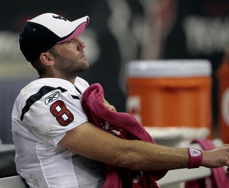 HOUSTON - OCTOBER 04:  Quarterback Matt Schaub #8 of the Houston Texans looks on from the bench at Reliant Stadium on October 4, 2009 in Houston, Texas.  <br /><br /><span class="help">(Photo by Bob Levey/Getty Images)</span>