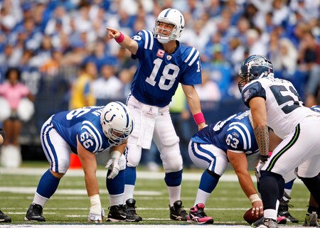 INDIANAPOLIS - OCTOBER 04:  Peyton Manning #18 of the Indianapolis Colts is pictured during the NFL game against the Seattle Seahawks at Lucas Oil Stadium on October 4, 2009 in Indianapolis, Indiana. The Colts won 34-17.  <br /><br /><span class="help">(Photo by Andy Lyons/Getty Images)</span>