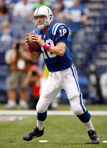 INDIANAPOLIS - OCTOBER 04:  Peyton Manning #18 of the Indianapolis Colts throws the ball during the NFL game against the Seattle Seahawks at Lucas Oil Stadium on October 4, 2009 in Indianapolis, Indiana. The Colts won 34-17.  <br /><br /><span class="help">(Photo by Andy Lyons/Getty Images)</span>