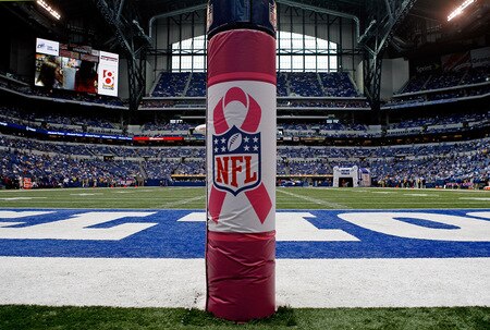 INDIANAPOLIS - OCTOBER 04:  The padding on the goal post is pictured during the game featuring the Indianapolis Colts and the Seattle Seahawks at Lucas Oil Stadium on October 4, 2009 in Indianapolis, Indiana. Many players and officials in the NFL wore pink as part of breast cancer awareness month.  <br /><br /><span class="help">(Photo by Andy Lyons/Getty Images)</span>