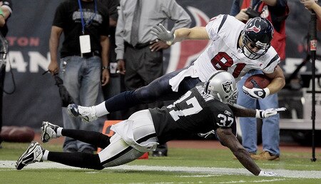 HOUSTON - OCTOBER 04:  Tight-end Owen Daniels #81 of the Houston Texans is knocked out of bounds by cornerback Chris Johnson #37 of the Oakland Raiders at Reliant Stadium on October 4, 2009 in Houston, Texas.  <br /><br /><span class="help">(Photo by Bob Levey/Getty Images)</span>