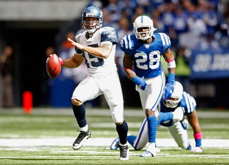 INDIANAPOLIS - OCTOBER 04:  Seneca Wallace of the Seattle Seahawks throws a pass during the NFL game against the Indianapolis Colts at Lucas Oil Stadium on October 4, 2009 in Indianapolis, Indiana.  <br /><br /><span class="help">(Photo by Andy Lyons/Getty Images)</span>