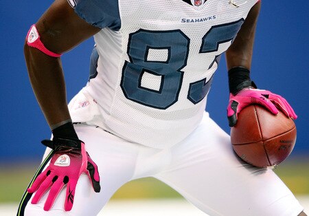 INDIANAPOLIS - OCTOBER 04:  Deion Branch #83 of the Seattle Seahawks stands wearing pink during the NFL game against the Indianapolis Colts at Lucas Oil Stadium on October 4, 2009 in Indianapolis, Indiana. Many players and officials in the NFL wore pink as part of breast cancer awareness month.  <br /><br /><span class="help">(Photo by Andy Lyons/Getty Images)</span>