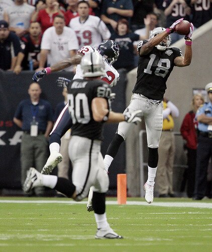 HOUSTON - OCTOBER 04:  Wide receiver Louis Murphy #18 of the Oakland  makes a reception as he beats cornerback Fred Benett #32 of the Houston Texans at Reliant Stadium on October 4, 2009 in Houston, Texas.  <br /><br /><span class="help">(Photo by Bob Levey/Getty Images)</span>