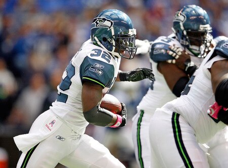 INDIANAPOLIS - OCTOBER 04:  Edgerrin James #32 of the Seattle Seahawks runs with the ball during the NFL game against the Indianapolis Colts at Lucas Oil Stadium on October 4, 2009 in Indianapolis, Indiana.  <br /><br /><span class="help">(Photo by Andy Lyons/Getty Images)</span>