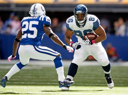 INDIANAPOLIS - OCTOBER 04:  John Owens #86 of the Seattle Seahawks runs with the ball while defended by Jerraud Powers #25 of the Indianapolis Colts during the NFL game at Lucas Oil Stadium on October 4, 2009 in Indianapolis, Indiana.  <br /><br /><span class="help">(Photo by Andy Lyons/Getty Images)</span>