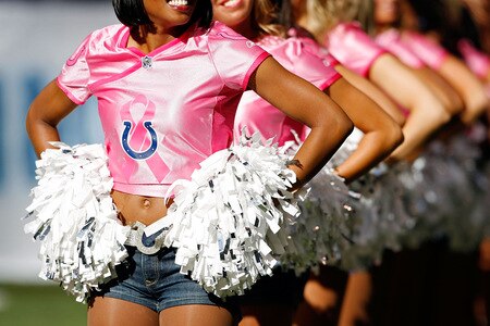 INDIANAPOLIS - OCTOBER 04:   Indianapolis Colts cheerleaders wear pink shirts during the game against the Seattle Seahawks at Lucas Oil Stadium on October 4, 2009 in Indianapolis, Indiana. Many players and officials in the NFL wore pink as part of breast cancer awareness month.  <br /><br /><span class="help">(Photo by Andy Lyons/Getty Images)</span>