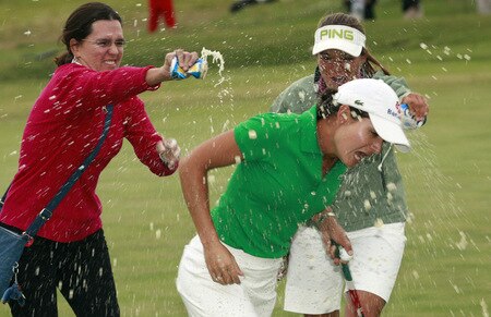 PRATTVILLE, AL - OCTOBER 4:  Lorena Ochoa of Mexico gets doused by friends after winning the Navistar LPGA Classic at the Robert Trent Jones Golf Trail at Capitol Hill on October 4, 2009 in  Prattville, Alabama.  <br /><br /><span class="help">(Photo by Dave Martin/Getty Images)</span>